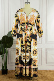Green Casual Print Patchwork V Neck Long Sleeve Plus Size Dresses