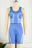 Blue Casual Sportswear Striped Print Patchwork O Neck Sleeveless Two Pieces