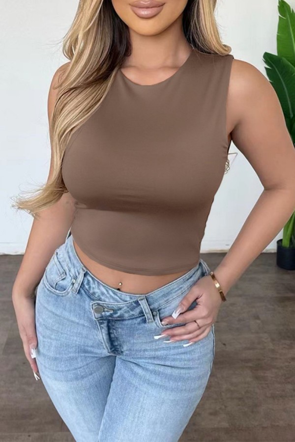 Coffee Casual Solid Basic O Neck Tops