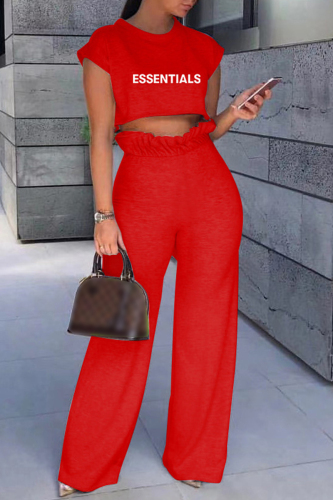 Red Casual Letter Print Basic O Neck Two Pieces
