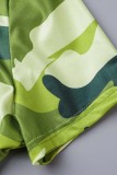 Green Yellow Casual Camouflage Print Basic O Neck T-Shirts