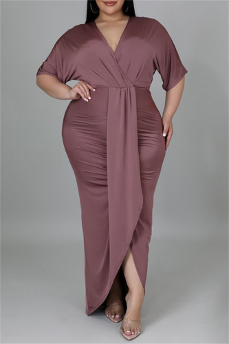 Red Bean Paste Fashion Casual Solid Patchwork V Neck Short Sleeve Dress Plus Size Dresses