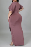 Burgundy Fashion Casual Solid Patchwork V Neck Short Sleeve Dress Plus Size Dresses