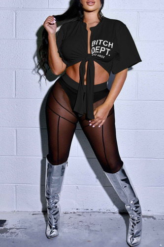 Black Sexy Print Bandage Patchwork See-through Half Sleeve Two Pieces