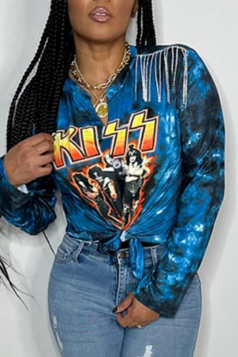 Blue Casual Print Tassel Patchwork V Neck Tops