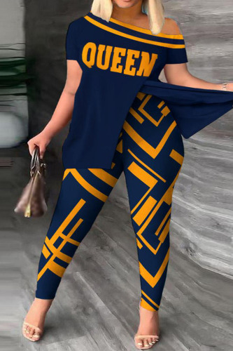 Navy Blue Casual Print Patchwork Slit Oblique Collar Short Sleeve Two Pieces