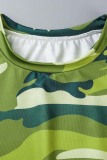Green Yellow Casual Camouflage Print Basic O Neck T-Shirts