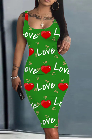 Green Sexy Casual Print Basic U Neck Vest Dress Dresses