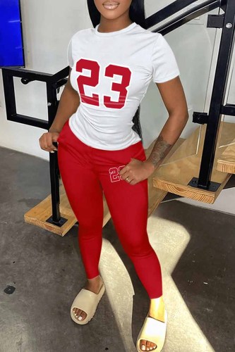 Red Casual Print Patchwork O Neck Short Sleeve Two Pieces