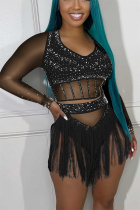 Black Sexy Party Solid Tassel See-through Sequined Hot Drill V Neck Long Sleeve Two Pieces
