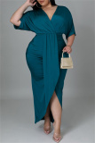 Blue Fashion Casual Solid Patchwork V Neck Short Sleeve Dress Plus Size Dresses