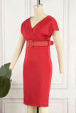 Red Casual Elegant Solid Patchwork With Belt V Neck Pencil Skirt Dresses