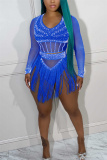 Blue Sexy Party Solid Tassel See-through Sequined Hot Drill V Neck Long Sleeve Two Pieces