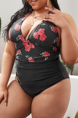 Black Sexy Print Bandage Patchwork Backless Halter Plus Size Swimwear (With Paddings)