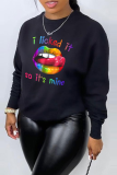 Yellow Street Lips Printed Patchwork Letter O Neck Tops