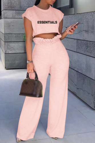 Pink Casual Letter Print Basic O Neck Two Pieces