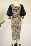 Leopard Print Sexy Print Leopard Patchwork Slit Asymmetrical Collar Evening Dress Plus Size Dresses