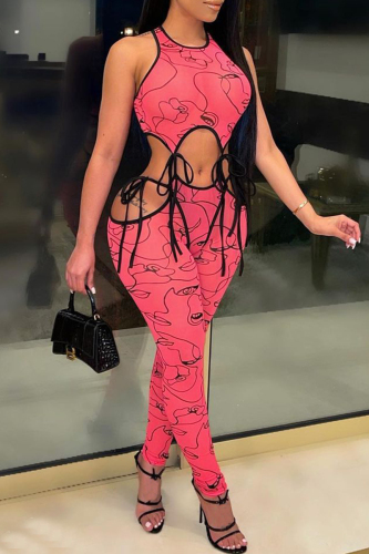 Watermelon Red Sexy Casual Print Bandage Hollowed Out O Neck Skinny Jumpsuits
