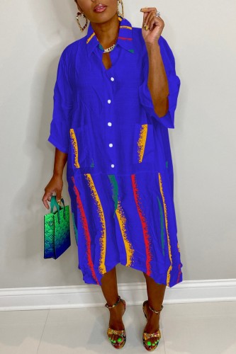 Blue Casual Print Patchwork Turndown Collar Shirt Dress Dresses
