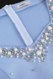 Sky Blue Elegant Solid Patchwork Flounce Slit Beading V Neck Evening Dress Plus Size Dresses
