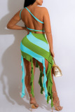 Turquoise Sexy Print Tassel Bandage Patchwork Oblique Collar Sleeveless Two Pieces