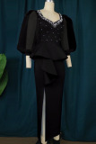 Black Elegant Solid Patchwork Flounce Slit Beading V Neck Evening Dress Plus Size Dresses