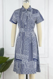 Blue Casual Print Patchwork Turndown Collar Short Sleeve Dress