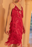 Red Sexy Solid Tassel Patchwork Spaghetti Strap Sling Dress Dresses
