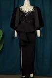 Black Elegant Solid Patchwork Flounce Slit Beading V Neck Evening Dress Plus Size Dresses