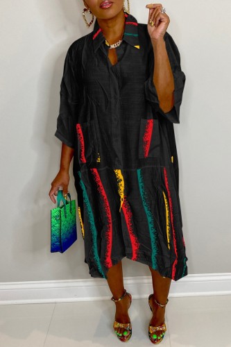 Black Casual Print Patchwork Turndown Collar Shirt Dress Dresses