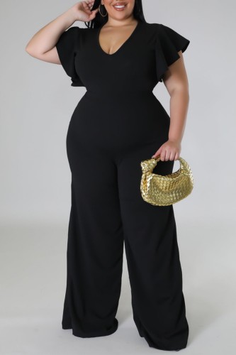 Black Casual Solid Basic V Neck Plus Size Jumpsuits