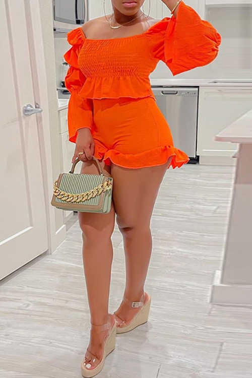 Orange Sexy Solid Backless Off the Shoulder Long Sleeve Two Pieces