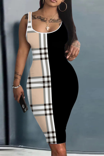 Apricot Sexy Print Basic U Neck Vest Dress Dresses