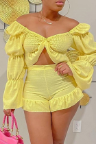 Yellow Sexy Solid Backless Off the Shoulder Long Sleeve Two Pieces