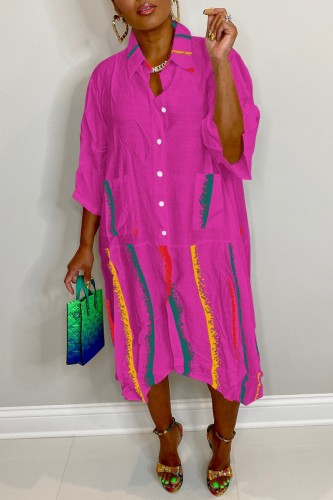 Rose Red Casual Print Patchwork Turndown Collar Shirt Dress Dresses