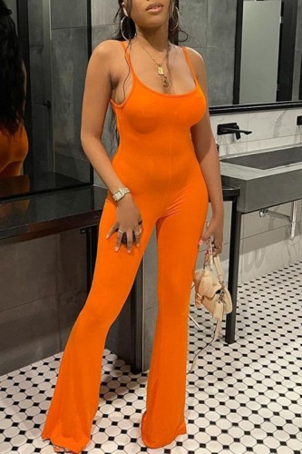 Orange Sexy Casual Solid Backless Spaghetti Strap Skinny Jumpsuits