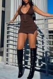 Coffee Sexy Solid Slit V Neck Sleeveless Two Pieces