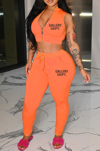 Orange Sexy Letter Print Basic Zipper Collar Sleeveless Two Pieces