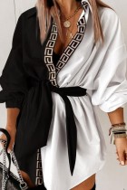 Black White Casual Print Patchwork Turndown Collar Shirt Dress Dresses