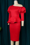 Red Elegant Solid Patchwork Oblique Collar Evening Dress Plus Size Dresses