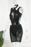 Black Sexy Solid Hollowed Out Patchwork See-through Two Pieces