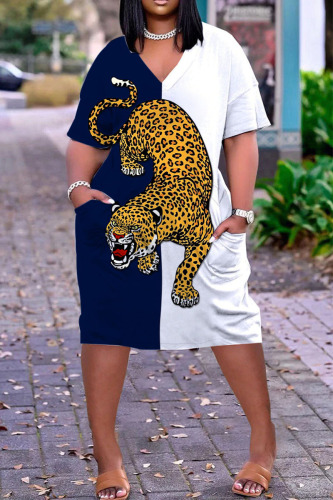 Navy Blue Casual Print Patchwork V Neck Straight Dresses