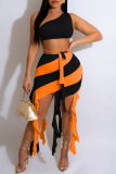 Orange Pink Sexy Print Tassel Bandage Patchwork Oblique Collar Sleeveless Two Pieces