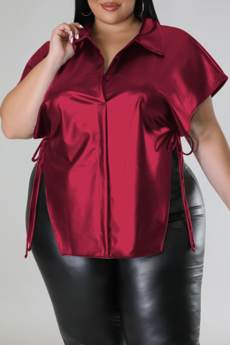 Burgundy Street Solid Bandage Patchwork Slit Turndown Collar Plus Size Tops