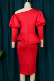 Red Elegant Solid Patchwork Oblique Collar Evening Dress Plus Size Dresses