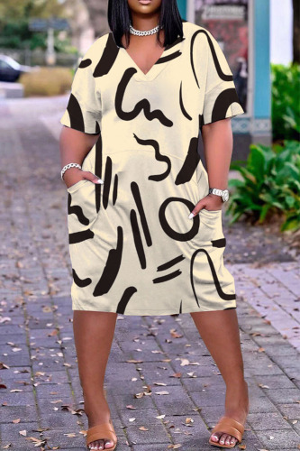Apricot Casual Street Print Patchwork V Neck Straight Dresses