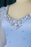 Sky Blue Elegant Solid Patchwork Flounce Slit Beading V Neck Evening Dress Plus Size Dresses