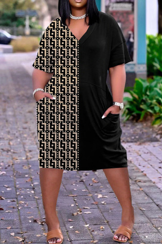 Black khaki Casual Print Patchwork V Neck Straight Dresses