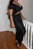 Black Sexy Casual Solid Tassel V Neck Short Sleeve Two Pieces