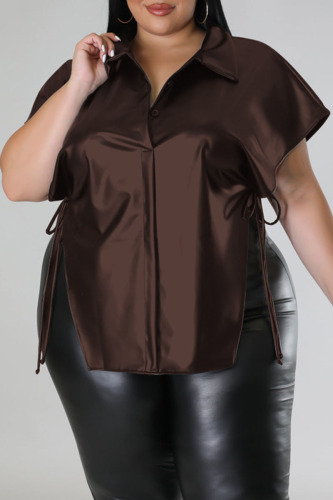 Dark Brown Street Solid Bandage Patchwork Slit Turndown Collar Plus Size Tops